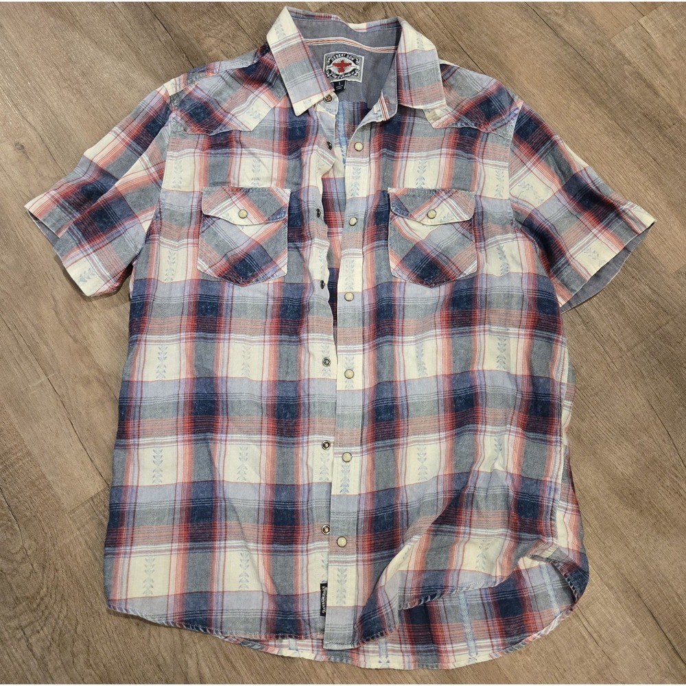 Flag & Anthem Desert Son Mens Short Sleeve Shirt Plaid Snap Western Large